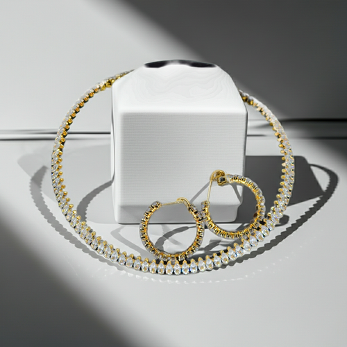 Load image 1 in gallery view. Customized Four-Piece Fine Jewelry Set Full Diamond Zircon Open Collar Style Gold Oval Zircon Earrings Bracelet Necklace