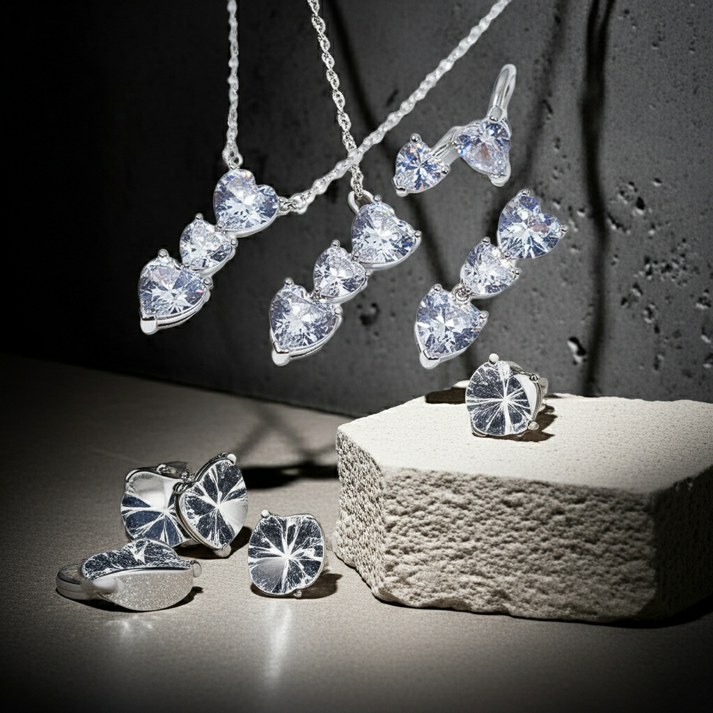 Heart Shape 3A Zircon Platinum Plated set Necklace, Earrings and Ring