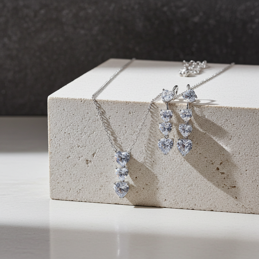 Heart Shape 3A Zircon Platinum Plated set Necklace, Earrings and Ring