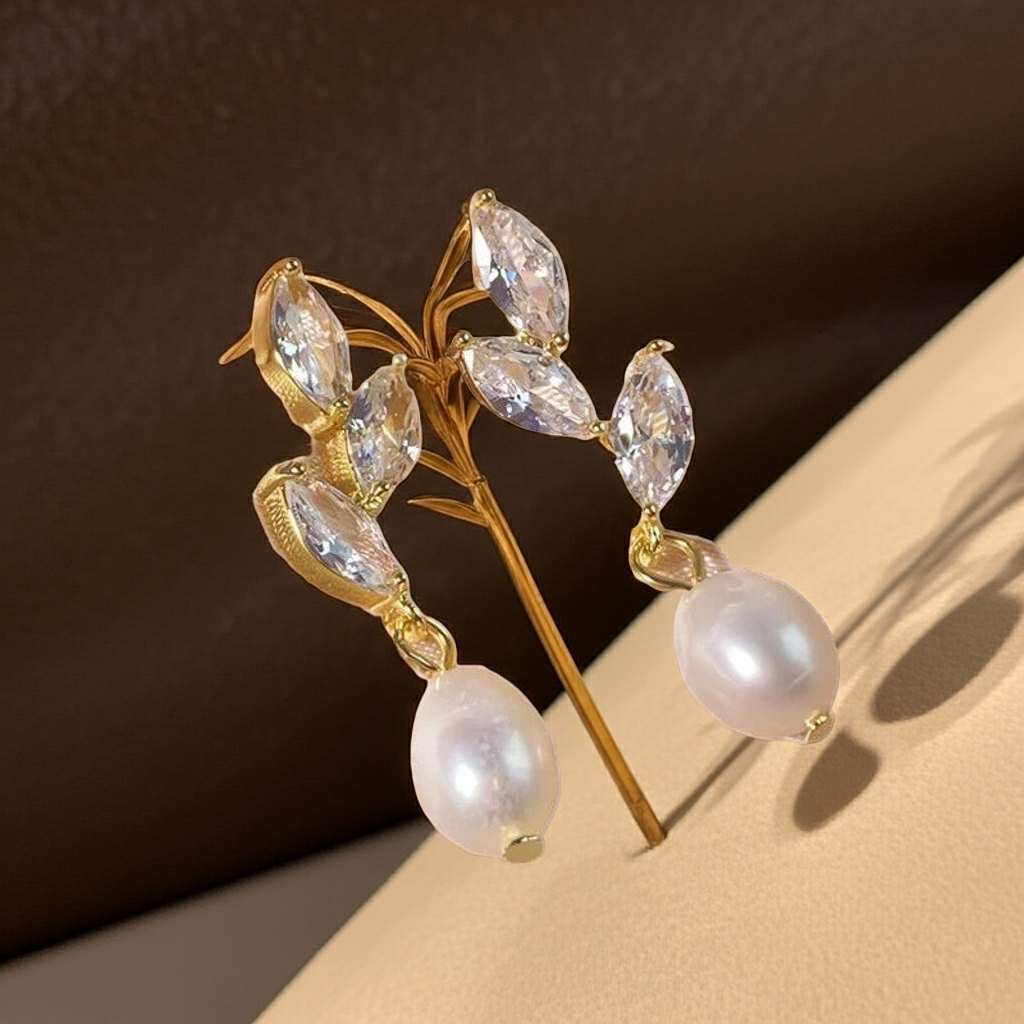 14K Gold Leaf Shape Dangle Earrings With Imitation Pearl Pendant