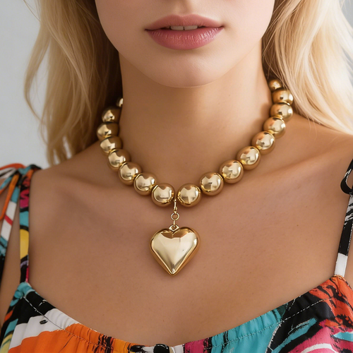 Load image 1 in gallery view. Big Beaded Punk Collar Geometric Type Clavicle Chain Gold Heart Necklace