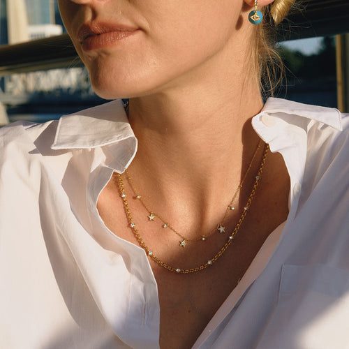 Load image 1 in gallery view. 18K Gold Stainless Steel Rhinestone Cross Crystal Cup Small Pendant Clip Bead Chain Necklaces