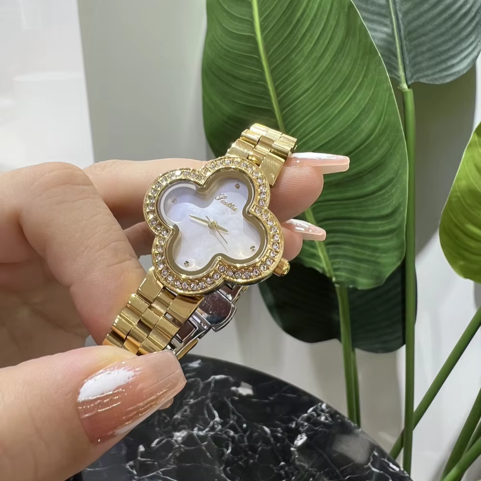 Scottie 9758 Luxury Flower Dial Quartz Watch Stainless Steel Gold White Band 20BAR Waterproof