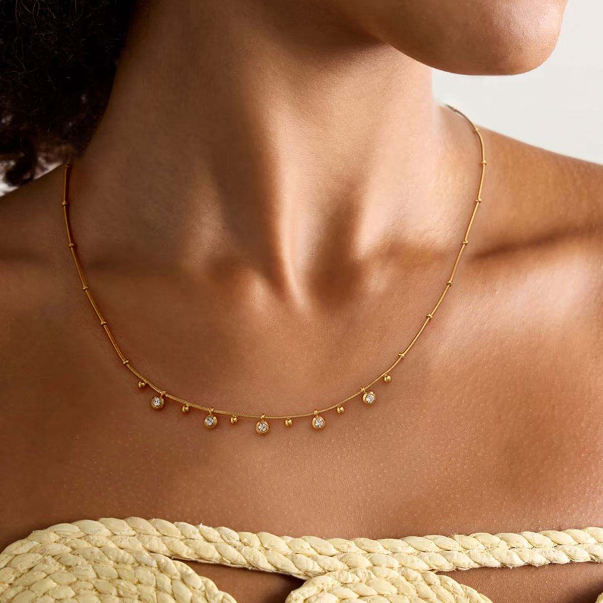 18K Gold Plated Classic Rhinestone Smooth Spacer Beads Pendant Necklace
