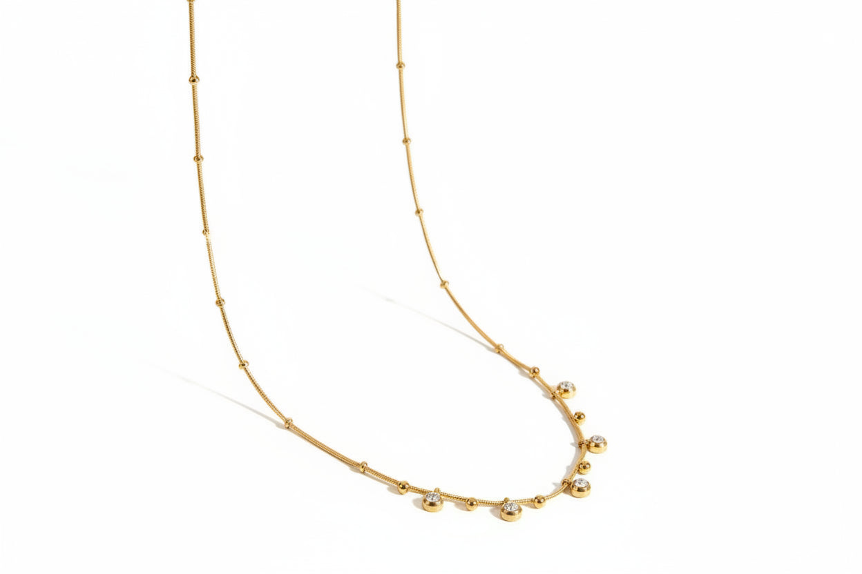 18K Gold Plated Classic Rhinestone Smooth Spacer Beads Pendant Necklace