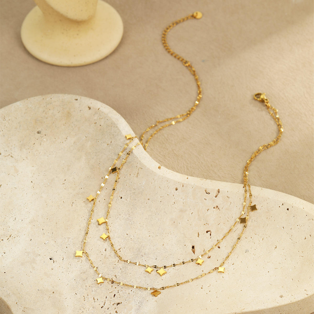 14K Gold Plated Double Layer Stainless Steel Layered Choker Chain Necklace for Women