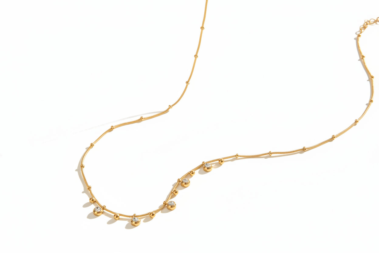 18K Gold Plated Classic Rhinestone Smooth Spacer Beads Pendant Necklace