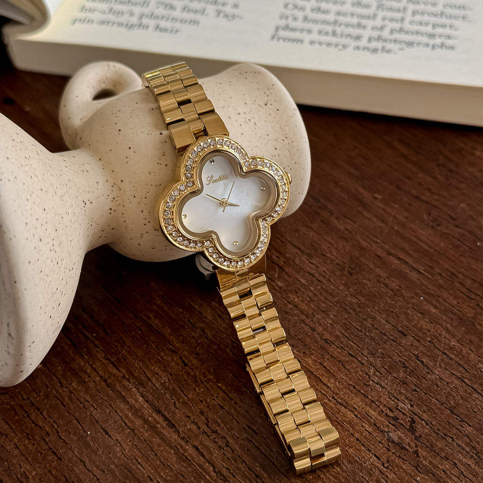 Scottie 9758 Luxury Flower Dial Quartz Watch Stainless Steel Gold White Band 20BAR Waterproof