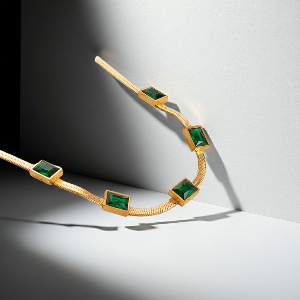 18K Gold Plated  Emerald Zircon Snake Chain Necklace for Women