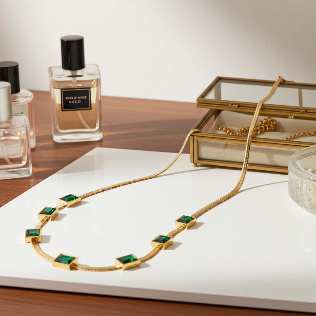 18K Gold Plated  Emerald Zircon Snake Chain Necklace for Women
