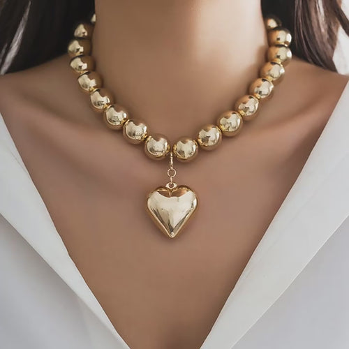 Load image 1 in gallery view. Big Beaded Punk Collar Geometric Type Clavicle Chain Gold Heart Necklace