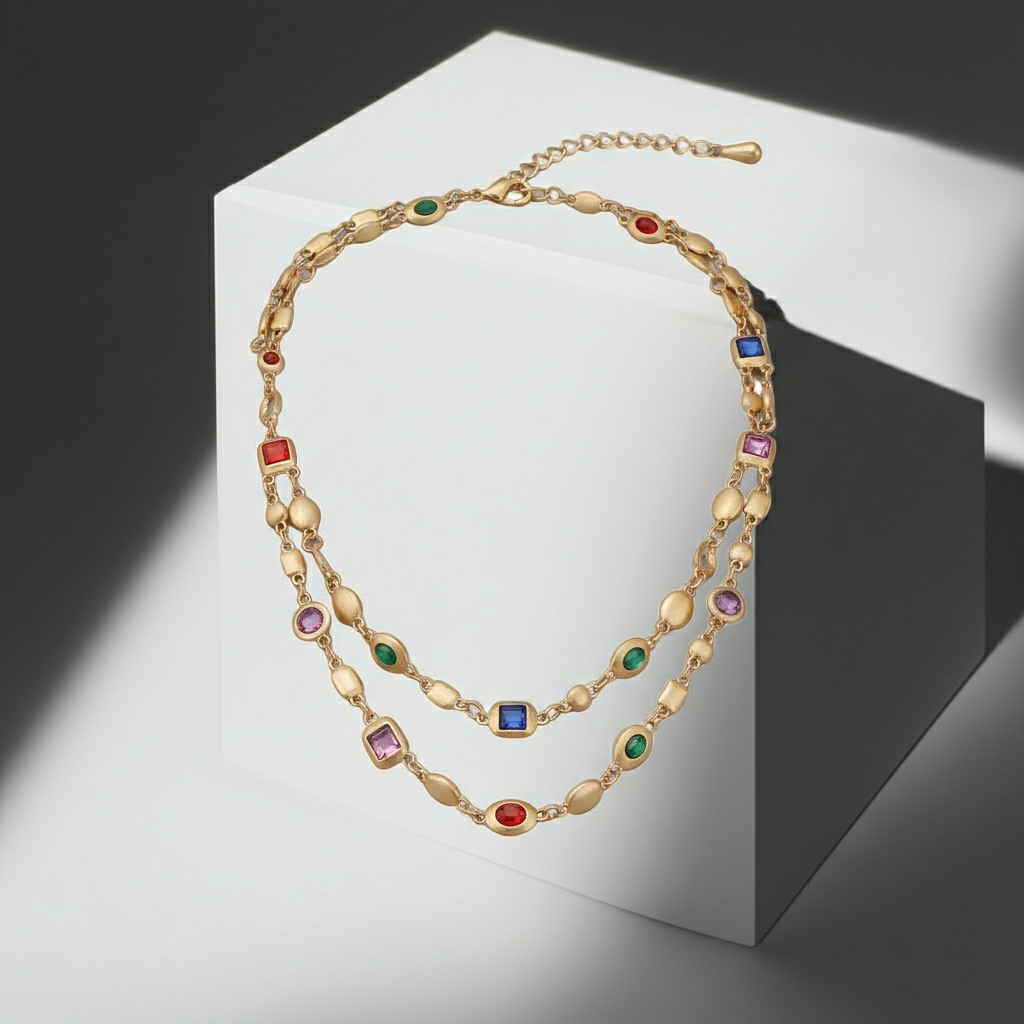 Red Blue Double-Layer Diamond-Encrusted Necklace Aged Neckband with Exquisite Beads Chain for Girlish Look
