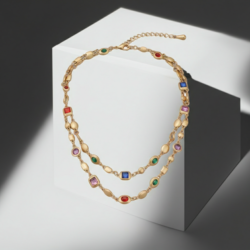 Load image 1 in gallery view. Red Blue Double-Layer Diamond-Encrusted Necklace Aged Neckband with Exquisite Beads Chain for Girlish Look