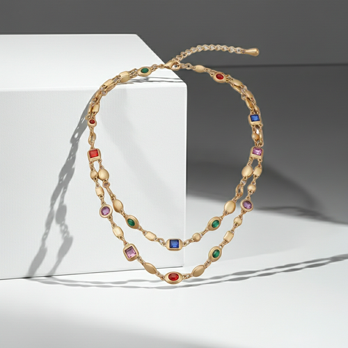 Load image 1 in gallery view. Red Blue Double-Layer Diamond-Encrusted Necklace Aged Neckband with Exquisite Beads Chain for Girlish Look