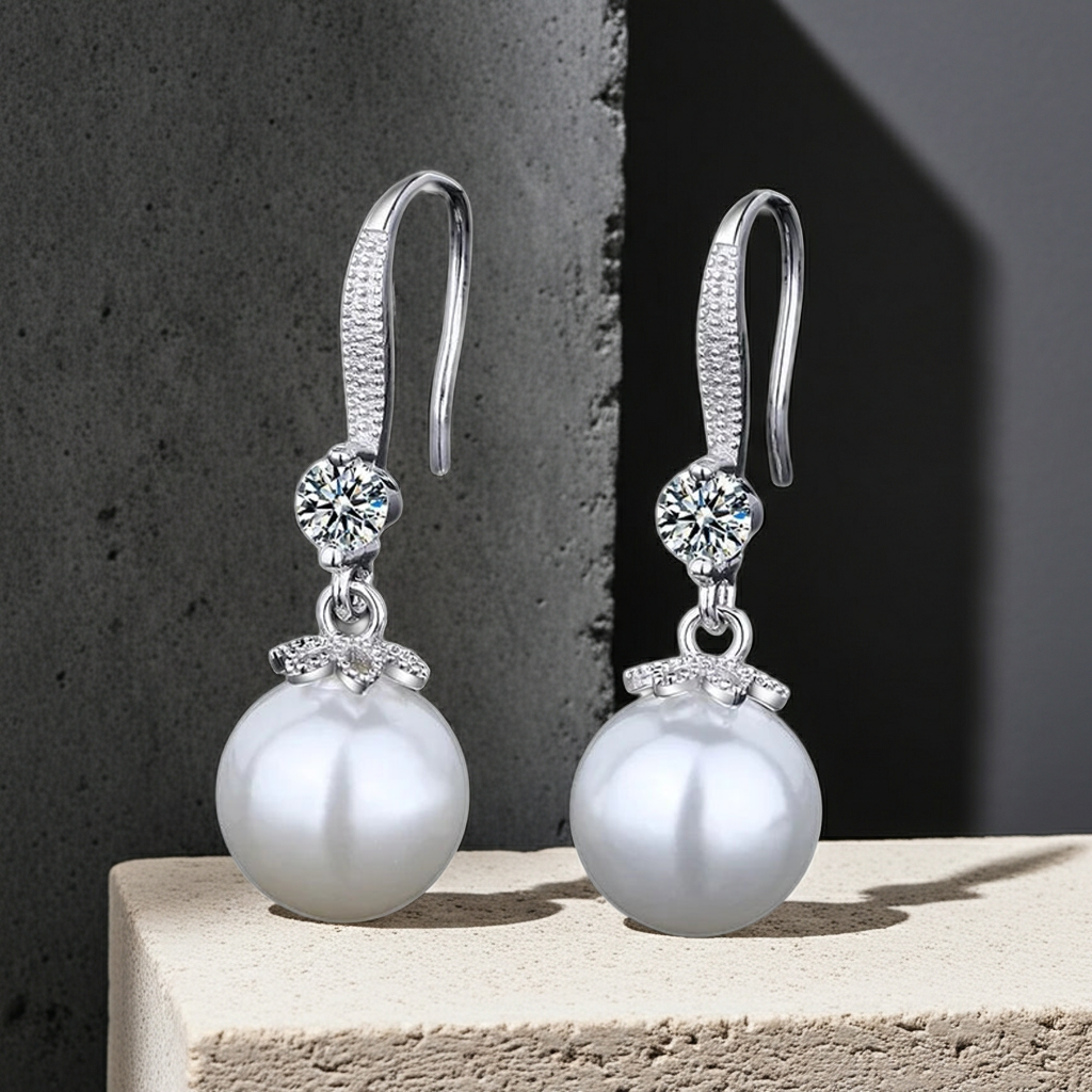 Elegant Natural Pearl Dangle Drop Earrings Crystal CZ 925S Sterling Silver Wedding Jewelry Gift Women Earrings