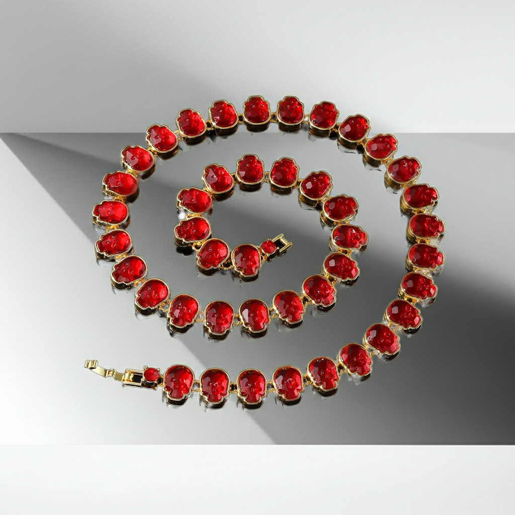 Rhinestone-Studded Red Skull Necklace Cuban Chain for Hip Hop Fans