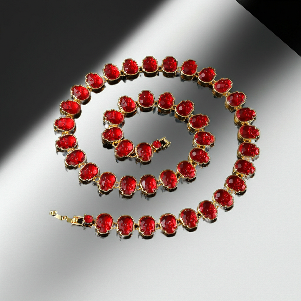 Rhinestone-Studded Red Skull Necklace Cuban Chain for Hip Hop Fans