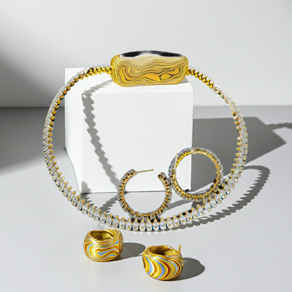 Customized Four-Piece Fine Jewelry Set Full Diamond Zircon Open Collar Style Gold Oval Zircon Earrings Bracelet Necklace