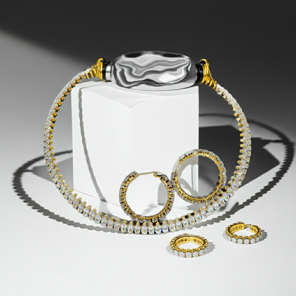 Customized Four-Piece Fine Jewelry Set Full Diamond Zircon Open Collar Style Gold Oval Zircon Earrings Bracelet Necklace