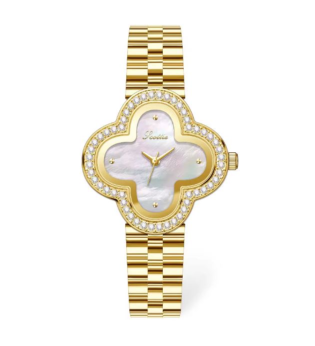 Scottie 9758 Luxury Flower Dial Quartz Watch Stainless Steel Gold White Band 20BAR Waterproof